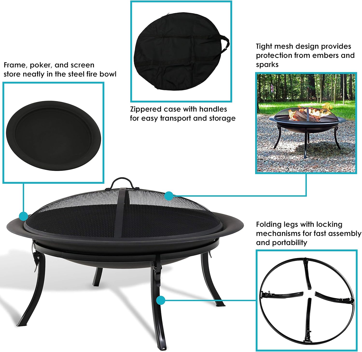 Sunnydaze 29-Inch Portable Fire Pit Bowl with Spark Screen, Fireplace Poker, Folding Stand, and Carrying Case Cover-VerdiqueGarden