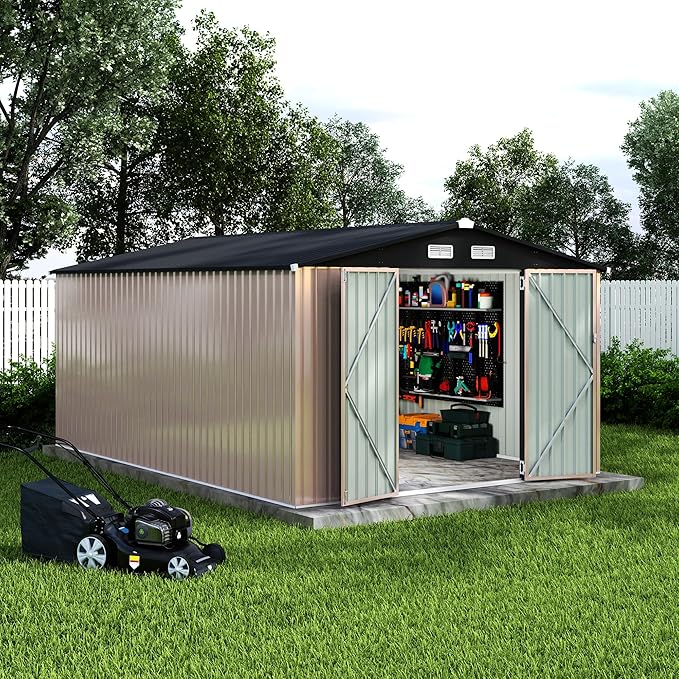 10x14 FT Metal Storage Sheds Outdoor, Metal Yard Sheds Garden Shed Kit, Metals Tool Shed with Lockable Door, Metals UtilityShed Buildings with Air Vent for Backyard Garden Patio Lawn-VerdiqueGarden