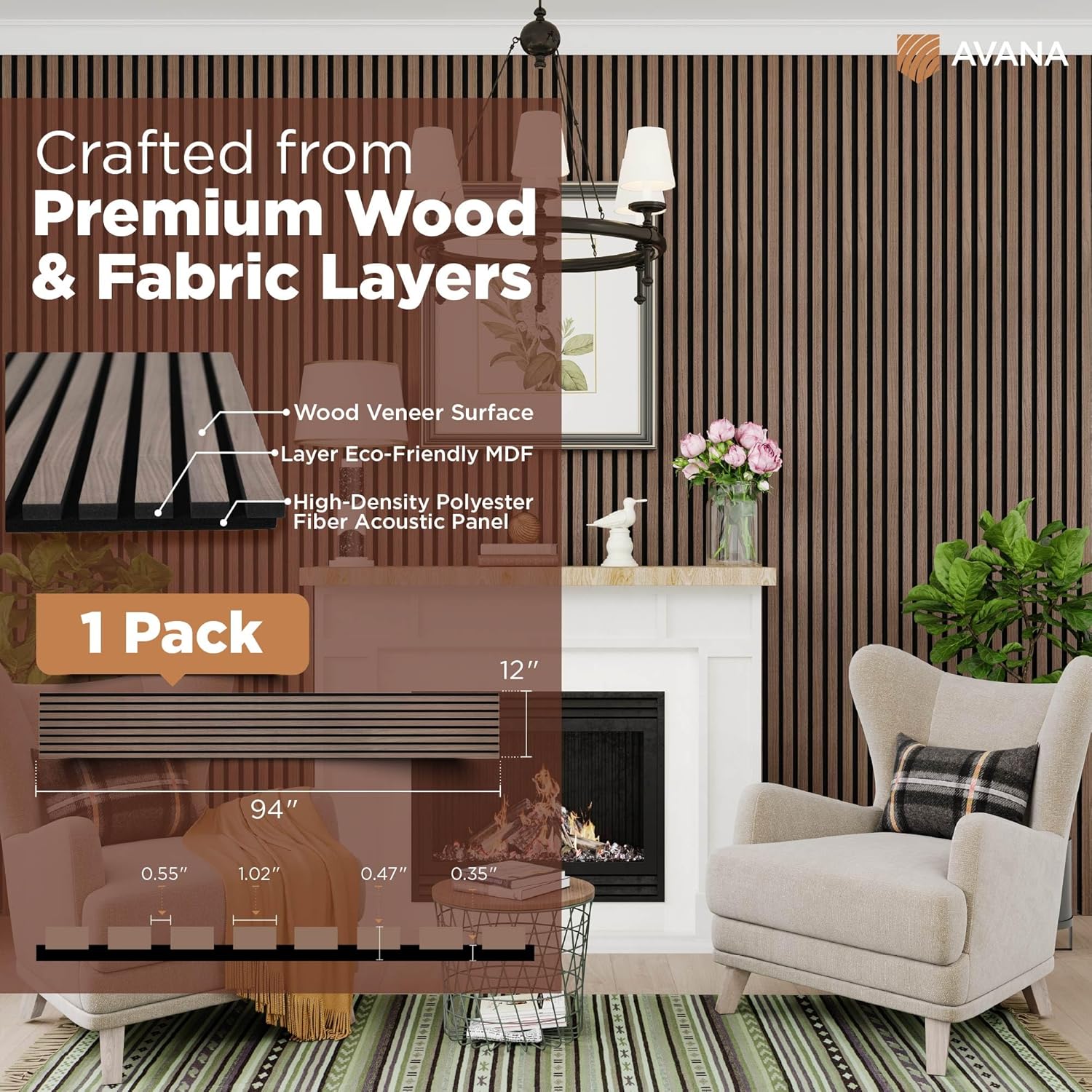 Avana Modern Acoustic Wood Wall Panels – 94.4 x 12.6 Inch Walnut Acoustic Panels 1 PC – Wall Panels For Interior Wall Decor For Homes, Offices, Studios – Sturdy & Durable Wood Panels For Wall-VerdiqueGarden