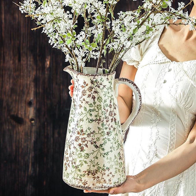Enra Pitcher vase with Handle,12.2 in Ceramic Vintage Chinoiserie Floral Vase,Green and Beige Decorative Flower vase,Large Rustic Vases for Home Decors, Living Room, Bookshelf, Office-VerdiqueGarden