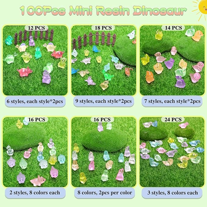 100PCS Luminous Mini Resin Dinosaur Glow in The Dark, 28 Styles Tiny Animals for Hide Garden Micro Landscape Dollhouse Decor Craft-VerdiqueGarden