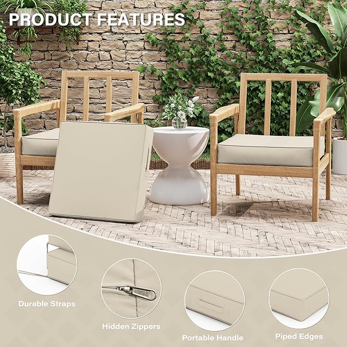Patio Chair Cushions 22 X 22 X 4 Inch Waterproof Outdoor Seat Cushions for Patio Furniture, Outdoor Sofa Couch Pads with Ties & Handle, Set of 2, Cream-VerdiqueGarden
