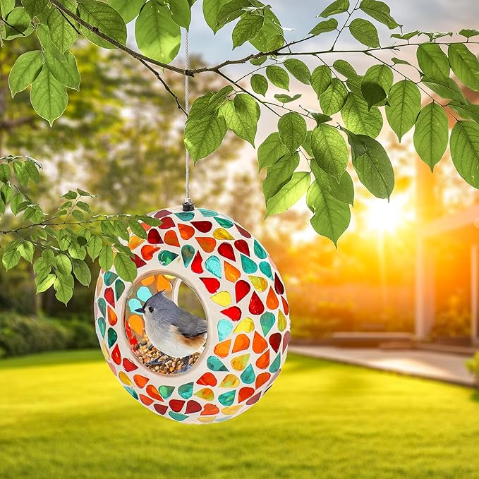 Sunnydaze 6-Inch Glass Mosaic Hanging Bird Feeder for Outdoors - Fly-Through Wild Bird Feeder - Confetti Mosaic-VerdiqueGarden