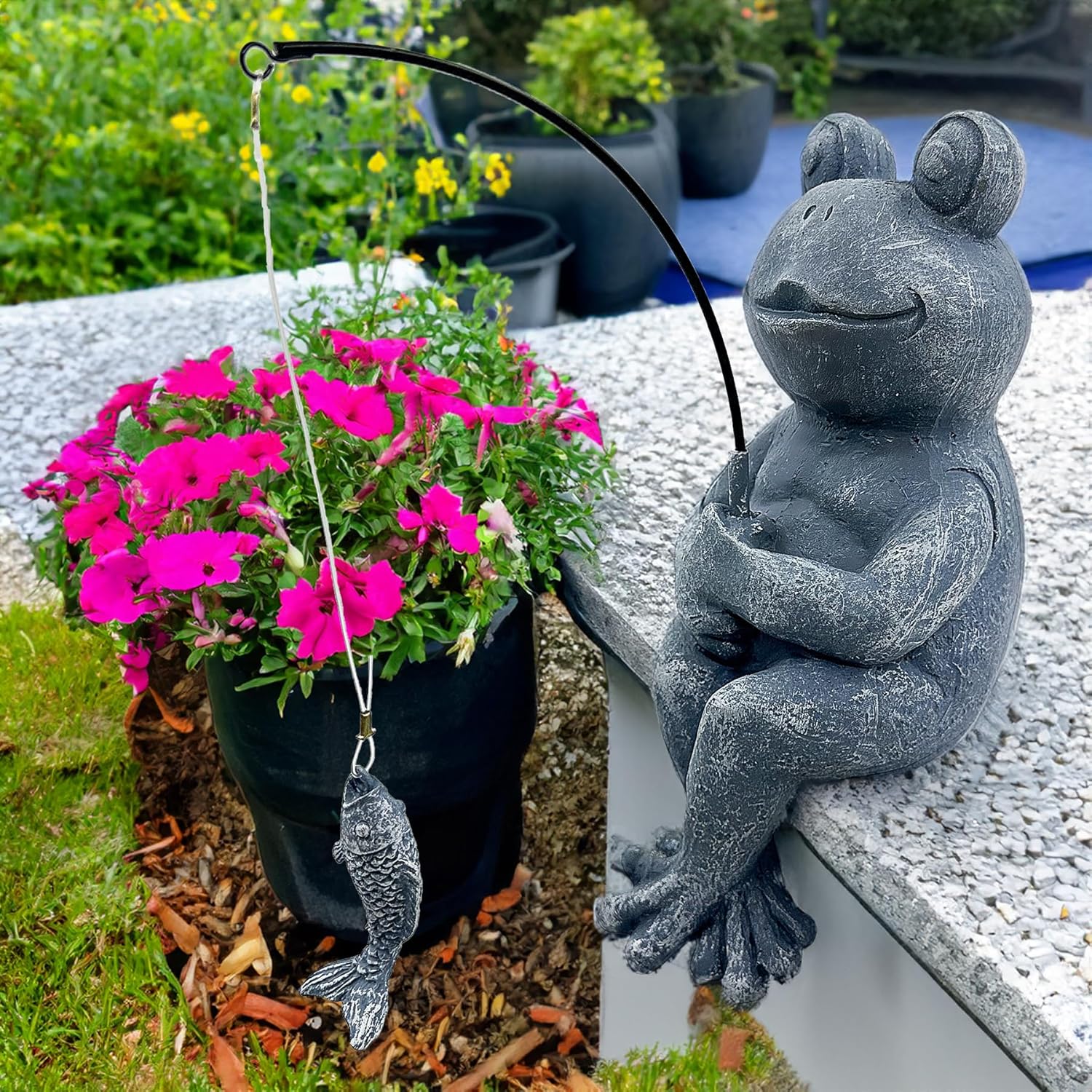 9.5" Fishing Frog Stone Look Sculpture, Whimsical Lawn Yard Art, Funny Garden Pond Fisherman Statue, Resin Animal Decorative Figurine, Ideal for Frog Fishing Lovers-VerdiqueGarden