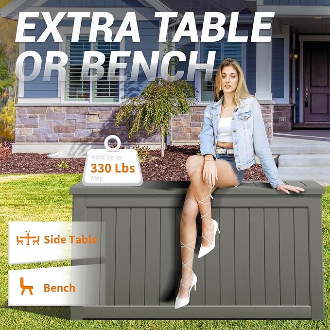 NUNU LAB 230 Gallon Large Resin Deck Box, Waterproof Outdoor Storage Box, Lockable Storage Bin for Patio Furniture, Garden Tools, Pool Accessories, UV-Resistant & All-Weather, Grey-VerdiqueGarden