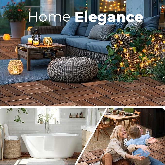 Pack of 10 Deck Tiles - 12"x12" Interlocking Natural Solid Acacia Wood for Outdoor & Indoor, Patio Garden, Balcony, Poolside - Dark Brown Color-VerdiqueGarden