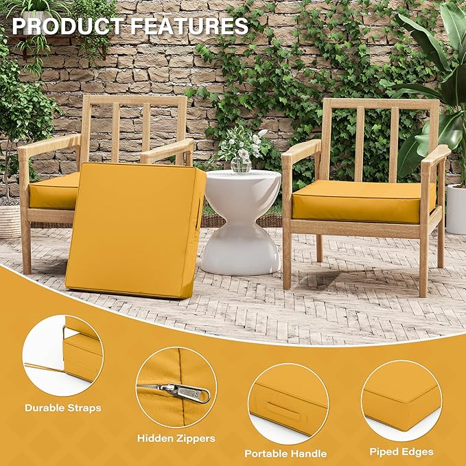 Patio Chair Cushions 22 X 22 X 4 Inch Waterproof Outdoor Seat Cushions for Patio Furniture, Outdoor Sofa Couch Pads with Ties & Handle, Set of 2, Yellow-VerdiqueGarden