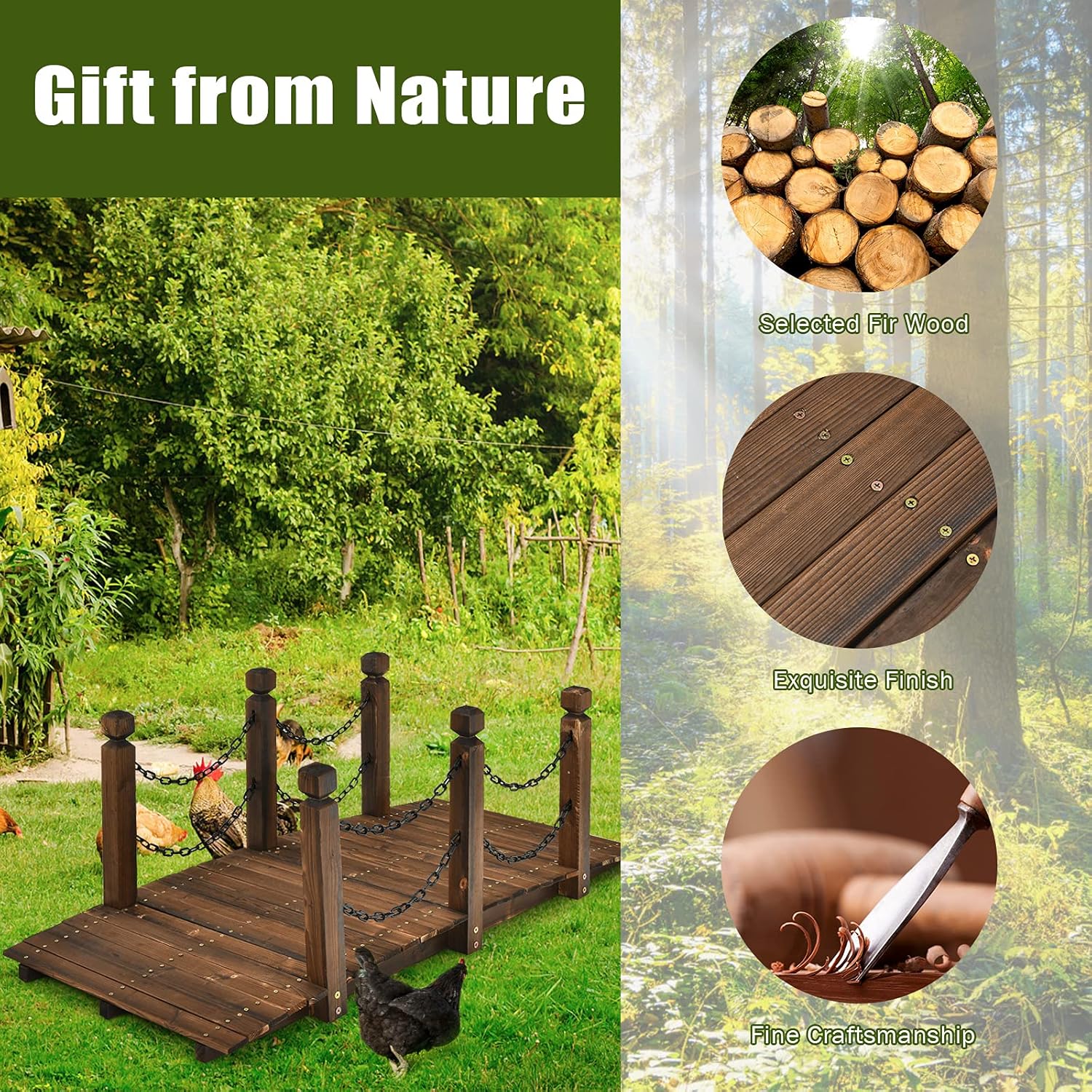 Giantex 5 FT Wooden Garden Bridge, Stained Wood Arc Footbridge with Chain Railings for Backyard Creek Farm, Decorative Pond Bridge, Easy to Assemble, 400 lbs Capacity (Brown)-VerdiqueGarden