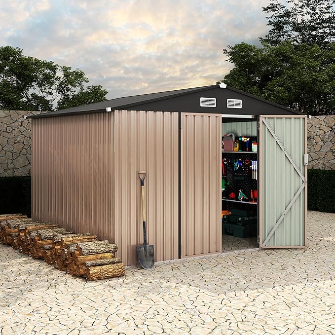 8x10 FT Metal Storage Sheds Outdoor, Metal Yard Sheds Garden Shed Kit, Tool Shed with Lockable Door, Utility Sheds Buildings with Air Vent for Backyard Garden Patio Lawn-VerdiqueGarden
