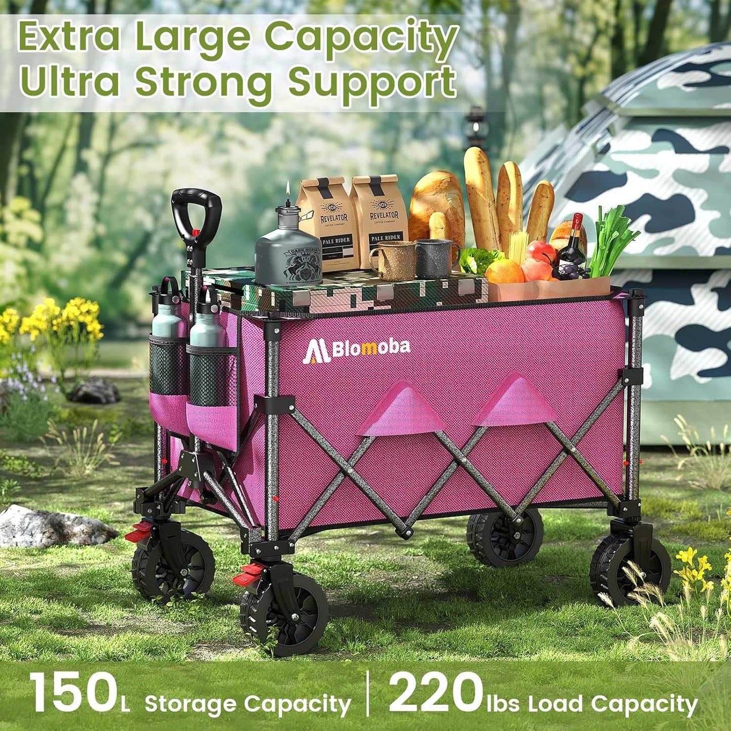 Collapsible Wagon Cart, 150L Heavy Duty Foldable Beach Wagon with Wider Wheels & Auto-Rebound Handle, Utility Grocery Shopping Cart for Garden, Shopping, Camping, Sports, Pink-VerdiqueGarden