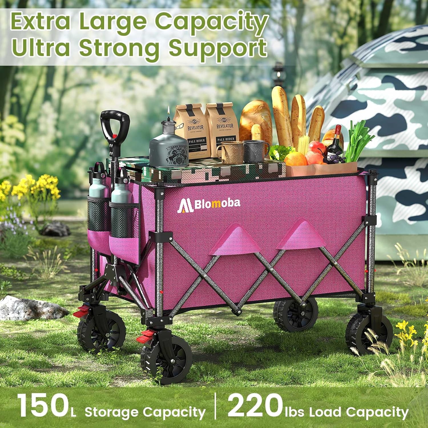 Collapsible Wagon Cart, 150L Heavy Duty Foldable Beach Wagon with Wider Wheels & Auto-Rebound Handle, Utility Grocery Shopping Cart for Garden, Shopping, Camping, Sports, Pink-VerdiqueGarden