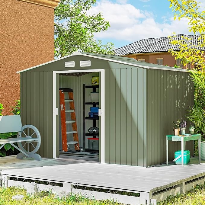 Outsunny 9' x 6' Outdoor Storage Shed, Garden Tool Metal Shed with Foundation Kit, Double Lockable Door, Air Vents and Sloping Roof, for Backyard, Patio, Lawn, Green-VerdiqueGarden