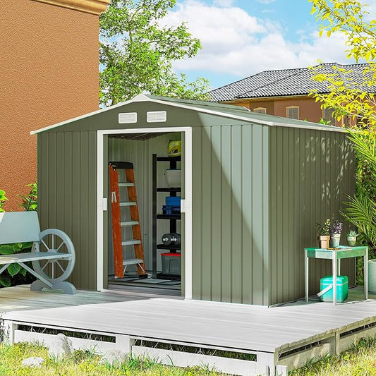 Outsunny 9' x 6' Outdoor Storage Shed, Garden Tool Metal Shed with Foundation Kit, Double Lockable Door, Air Vents and Sloping Roof, for Backyard, Patio, Lawn, Green-VerdiqueGarden