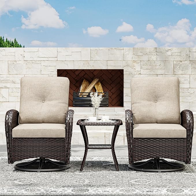 Joyside Outdoor Swivel Rocker Chairs, 3 Piece Wicker Patio Set with Thick Cushion and Side Table, Rattan Patio Swivel Rocking Chairs for Porch, Deck Use (Brown/Beige, 3 PCS)-VerdiqueGarden