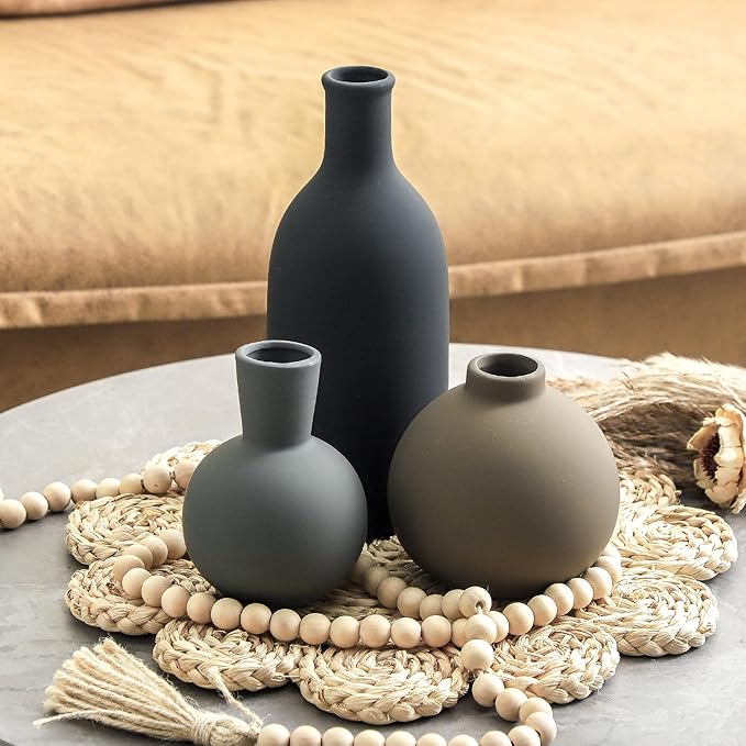 Ceramic Vase Set of 3 | Neutral Vases Home Decor | Modern Flower Pottery Vases Rustic Farmhouse Vase for Table Entryway Mantel Centerpiece Bookshelf Living Room Bathroom Bedroom -Multicolor Large-VerdiqueGarden