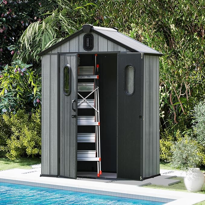 Domi 5x3 FT Outdoor Resin Storage Shed, All-Weather Double-Wall Storage Building for Backyard, Garden, Lawn Tools, Mower, Bike & Pool Equipment, Lockable Doors, Ventilated Roof, Grey-VerdiqueGarden