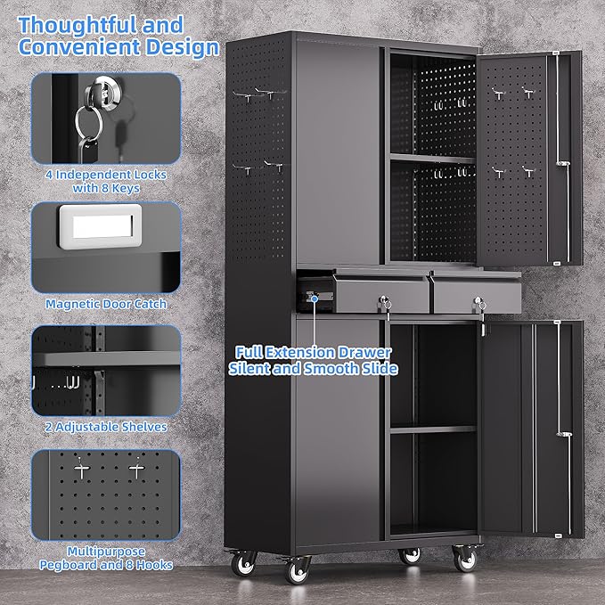 Metal Garage Storage Cabinet with Locking Doors and 2 Adjustable Shelves, Rolling Tool Storage Cabinet with 4 Wheels and 2 Drawer for Garage, Warehouse, Black, Assembly Required-VerdiqueGarden