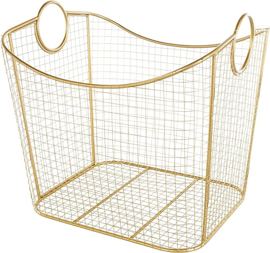 Deco 79 Metal Decorative and Functional Storage Basket Deep Basket Organizer with Round Handles, Basket for Storage 20" x 18" x 19", Gold-VerdiqueGarden