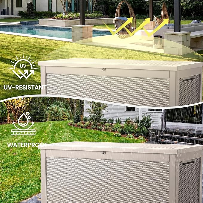 260 Gallon Storage Box, Waterproof Resin Deck Box with Steel Support & Hydraulic Rod, Lockable Storage Bench for Indoor & Outdoor Use, Storage Bin for Patio Cushions, Garden Tools, Grey-VerdiqueGarden