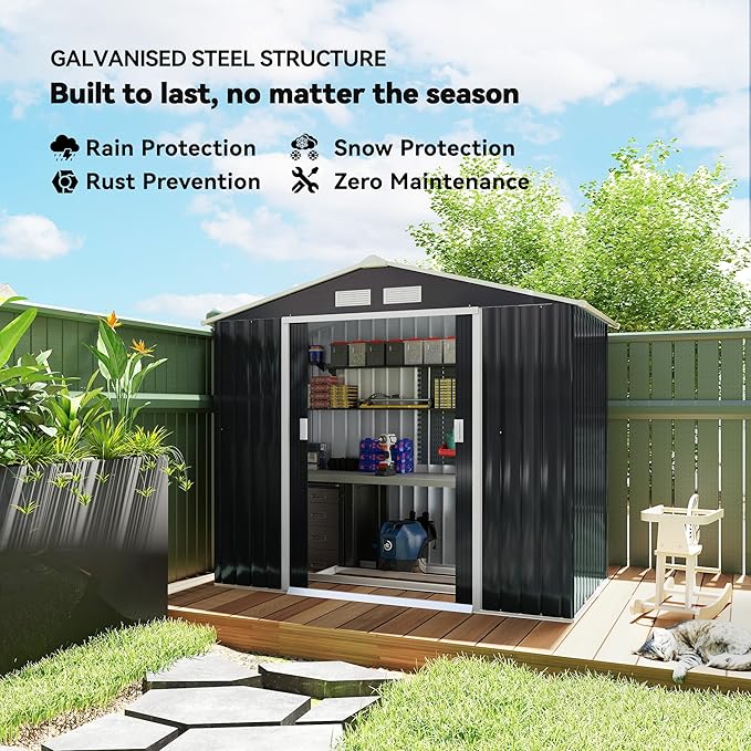 Outsunny 7' x 4' Outdoor Storage Shed, Garden Tool Metal Shed with Foundation Kit, Double Lockable Door, Air Vents and Sloping Roof, for Backyard, Patio, Lawn, Dark Gray-VerdiqueGarden