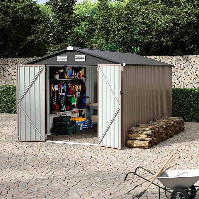 8x12 FT Metal Storage Sheds Outdoor, Metal Yard Sheds Garden Shed Kit, Metals Tool Shed with Lockable Door, Metals UtilityShed Buildings with Air Vent for Backyard Garden Patio Lawn-VerdiqueGarden