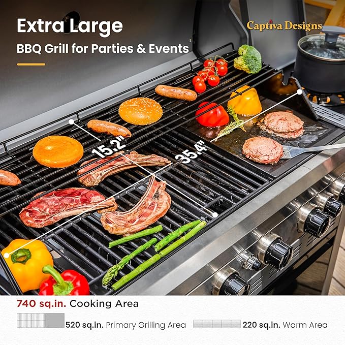 Captiva Designs 6-Burner Propane Gas BBQ Grill with Side Burner & Porcelain-Enameled Cast Iron Grate and Plate for Outdoor Barbucue Events, 52,000 BTU Output,740 SQ.IN. Cooking Area，Heavy Duty-VerdiqueGarden
