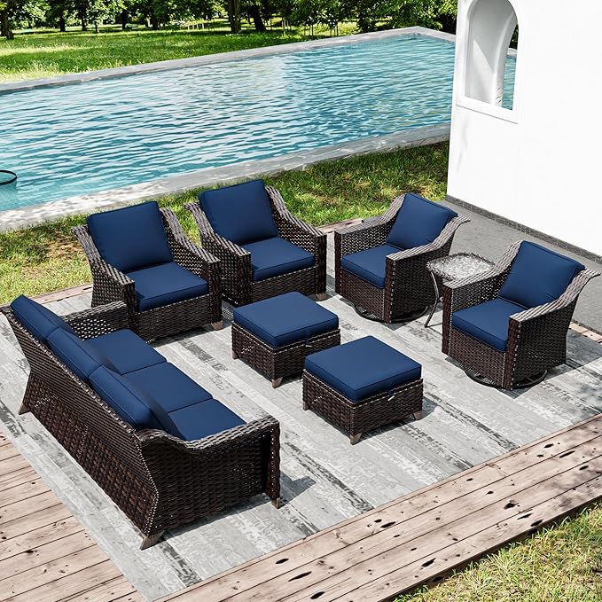 Joyside Wicker Patio Furniture Sets, 8 Pieces Upgraded Large Size Outdoor Furniture with Swivel Rocking Patio Chairs, Patio Dining Chair, 3-Seat Sofa, Outdoor Ottoman, Thick Cushions, Wide Armrest-VerdiqueGarden