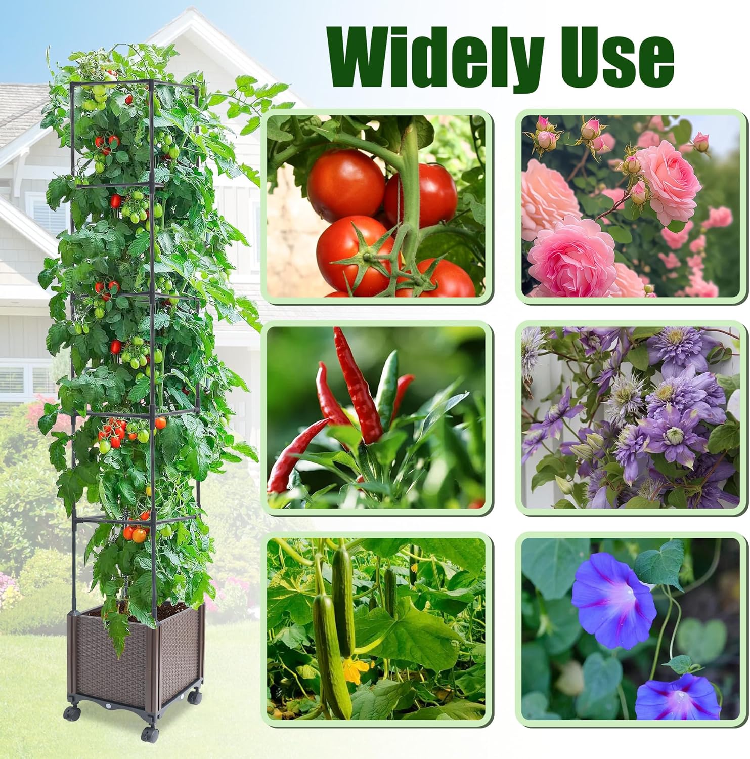 Raised Garden Bed Planter Box with Trellis, 62.2" Self-Watering Tomato Planters for Climbing Plants Vine Flowers Outdoor Patio, Tomatoes Cage with Trellis Wheels for Outdoor, 1Pack-VerdiqueGarden