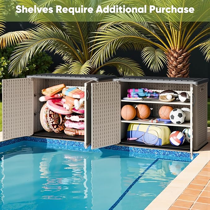 Devoko Outdoor Storage Cabinet 26 Cu Ft with Lockable Doors, Horizontal Storage Shed Waterproof Patio Tools Storage Box for Sofa Cushions, Gardening Tools and Accessories (Beige)-VerdiqueGarden