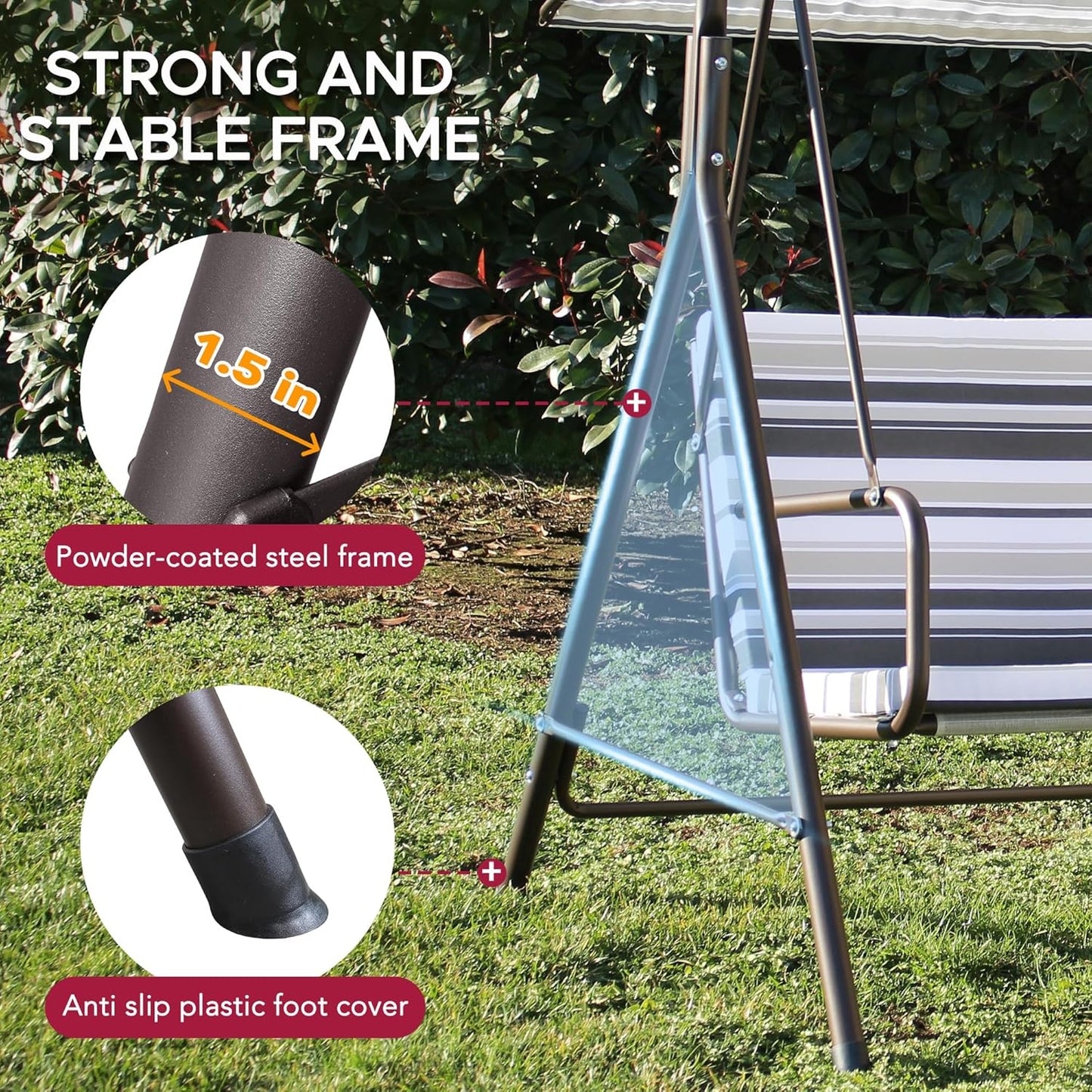 SUNJOY Outdoor Porch Swing, 2 Seat Patio Metal Porch Swing Seats with Adjustable Canopy and Removable Cushion for Garden, Poolside, Backyard, Bronze - Made in Italy-VerdiqueGarden