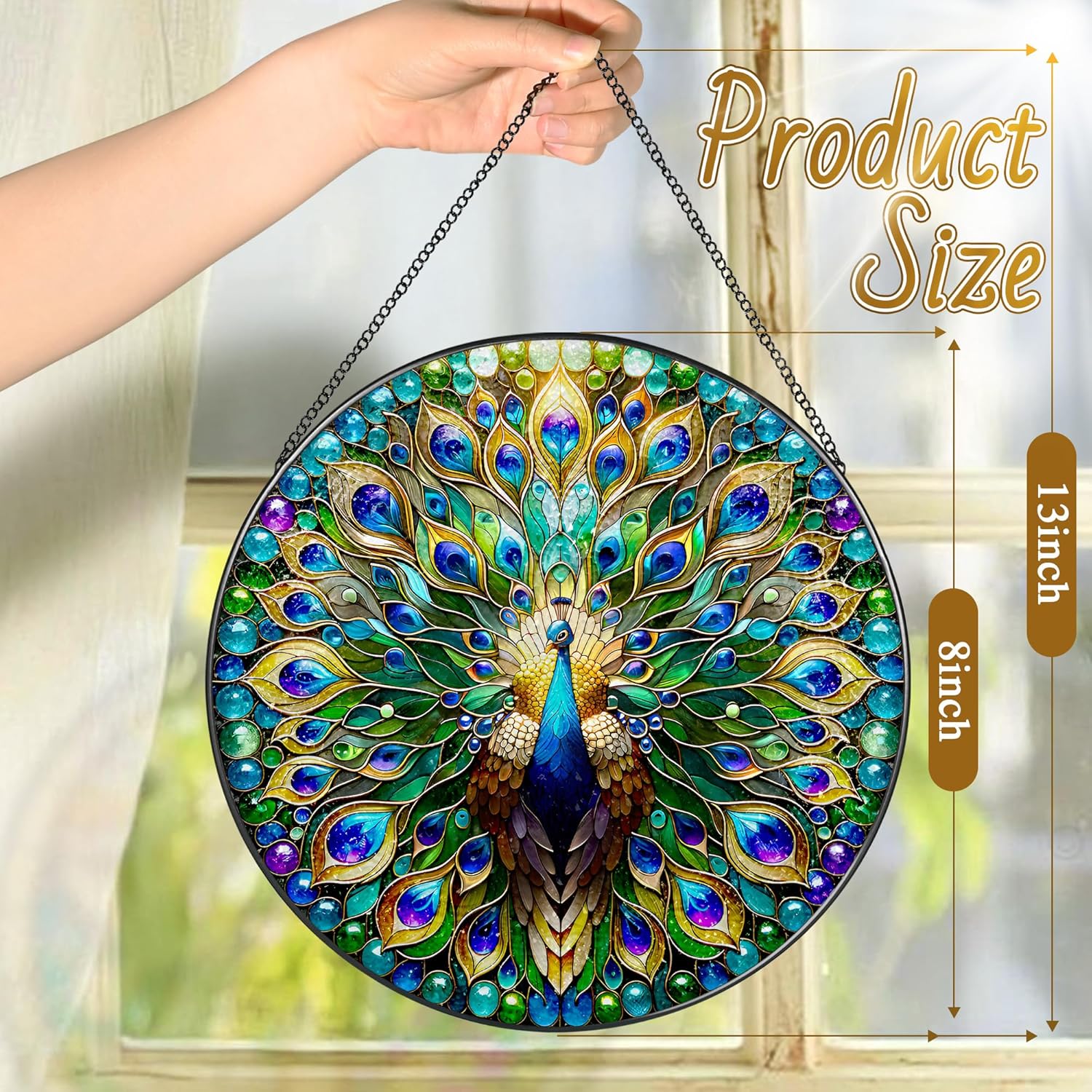 Stained Glass Window Hanging, LAOWEIKI 8'' Peacock Suncatcher, Stained Glass Ornament, Suncatchers for Windows Hanging, Window Decor, Outdoor or Indoor, Gifts for Women, Lovers, Couple, Friend, Bestie-VerdiqueGarden