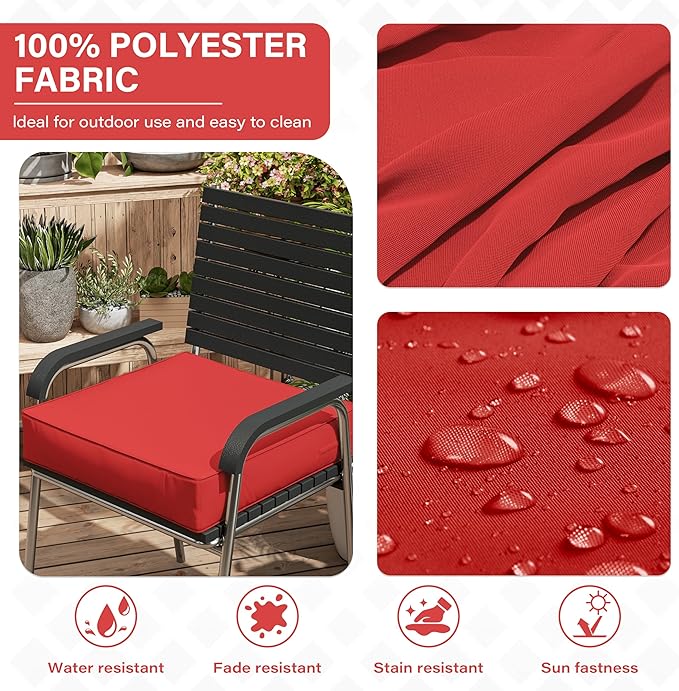Patio Chair Cushions 24 X 24 X 5 Inch Waterproof Outdoor Seat Cushions for Patio Furniture, Outdoor Sofa Couch Pads with Ties & Handle, Set of 2, Red-VerdiqueGarden