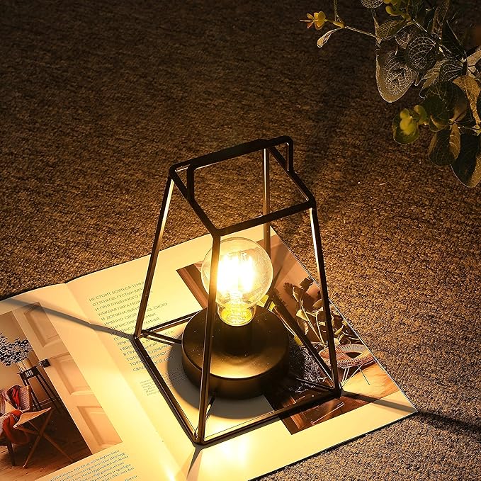 JHY DESIGN Retro Style Geometric Table Lamp 10''High Simple Iron Art Cordless Lamp Battery Powered Lamp with 6-Hours Timer Feature Cage Wireless Lamp for Balcony Party Indoor Outdoor(Short, Black)-VerdiqueGarden