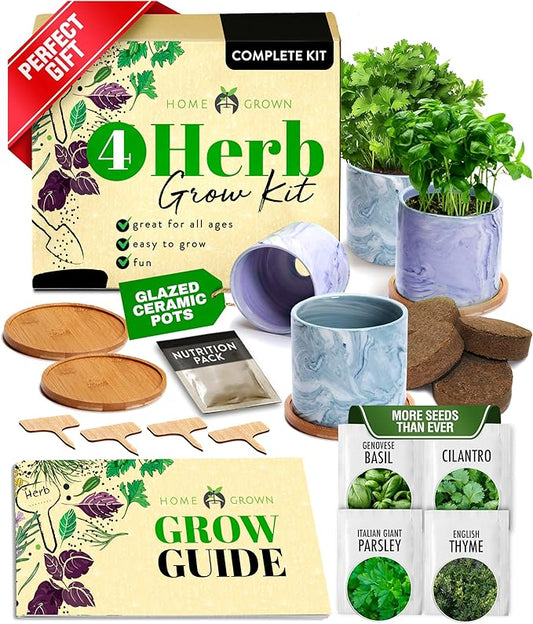 HOME GROWN Indoor Herb Garden Kit w/Glazed Ceramic Pot - Easy-to-Grow Kitchen Window Gardening Starter Set - Unique Housewarming Gift for Women, Mom, Gardeners, Friend, Her, Mother-VerdiqueGarden