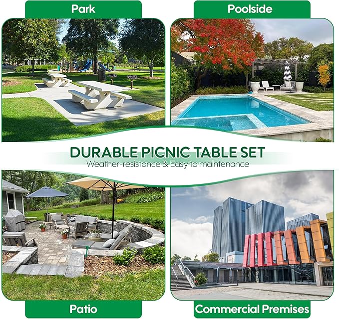 6FT Metal Picnic Tables for Outdoors, Commercial Rectangular Picnic Table and Bench Set for Outside, Patio, Garden, Backyard, Porch, Surface Mount, Grey-VerdiqueGarden