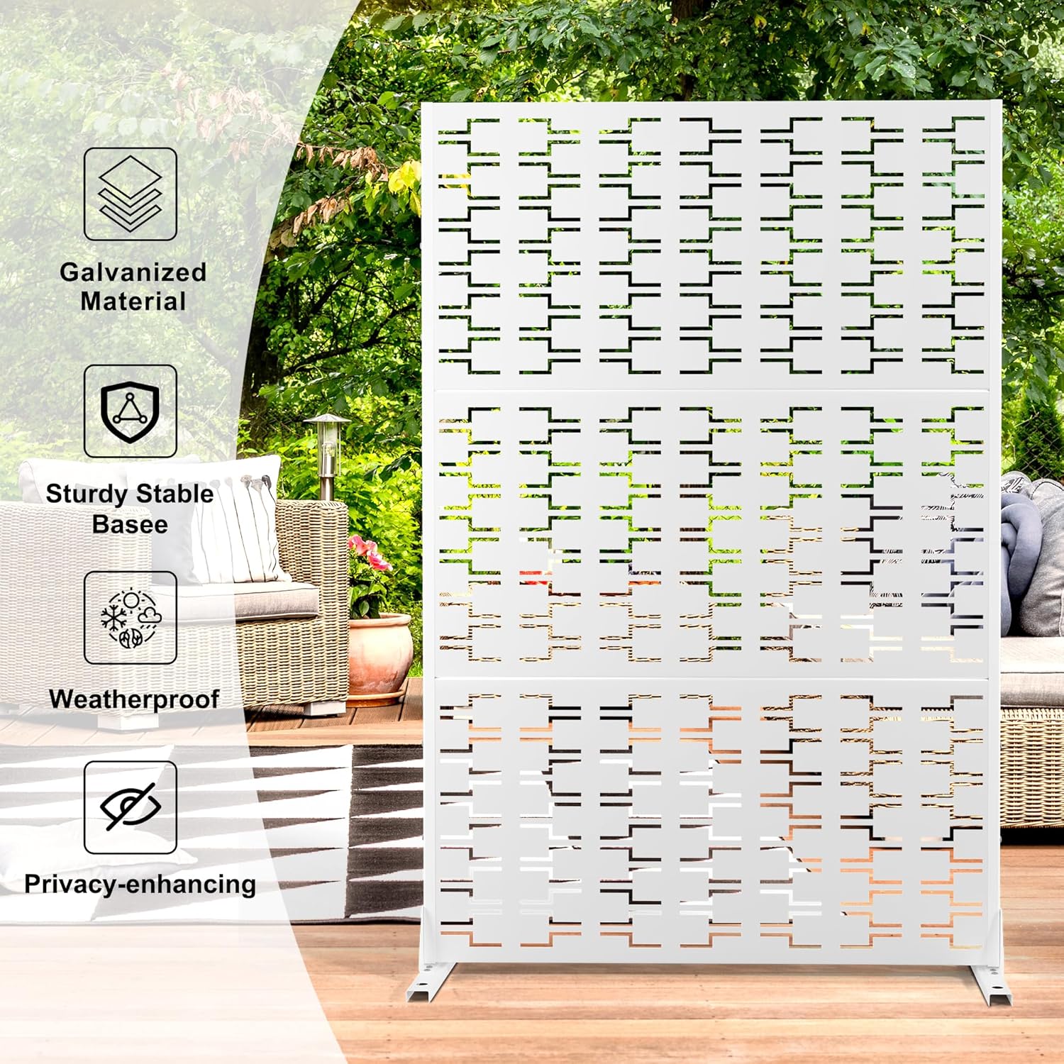 Metal Privacy Screen Outdoor 72" H×47" W,Freestanding Decorative Privacy Screen for Balcony Yard&Garden,Privacy Fence-White&Brick-VerdiqueGarden