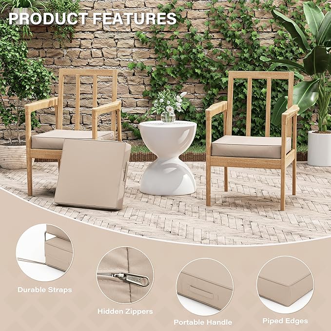 Patio Chair Cushions 17 X 16 X 3 Inch Waterproof Outdoor Seat Cushions for Patio Furniture, Outdoor Sofa Couch Pads with Ties & Handle, Set of 2, Sand-VerdiqueGarden