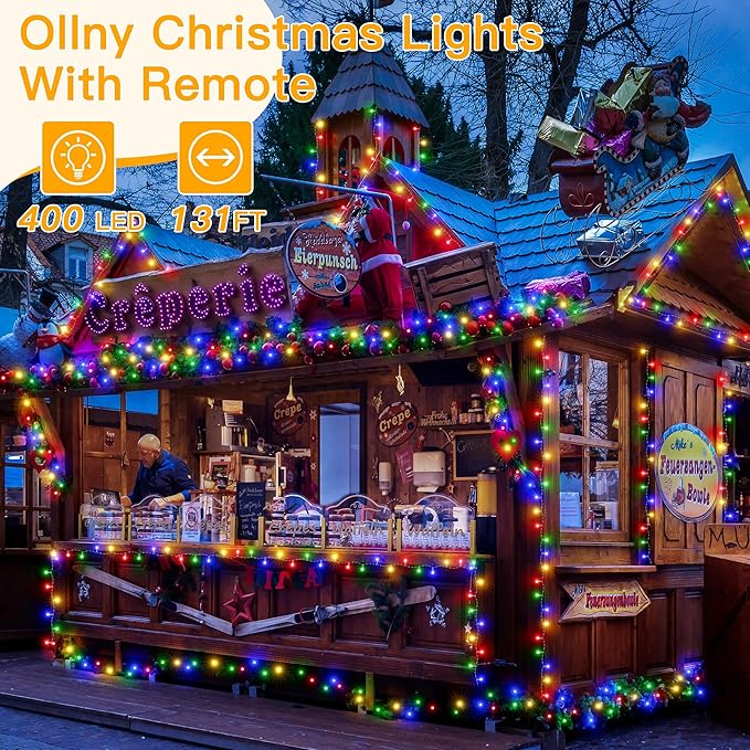 Ollny Christmas Lights Outdoor 400LED 131FT, Multicolor Fairy Lights with Remote 3 Timer, Plug in 8 Modes String Lights for Bedroom Indoor Outside House Party Xmas Decorations-VerdiqueGarden