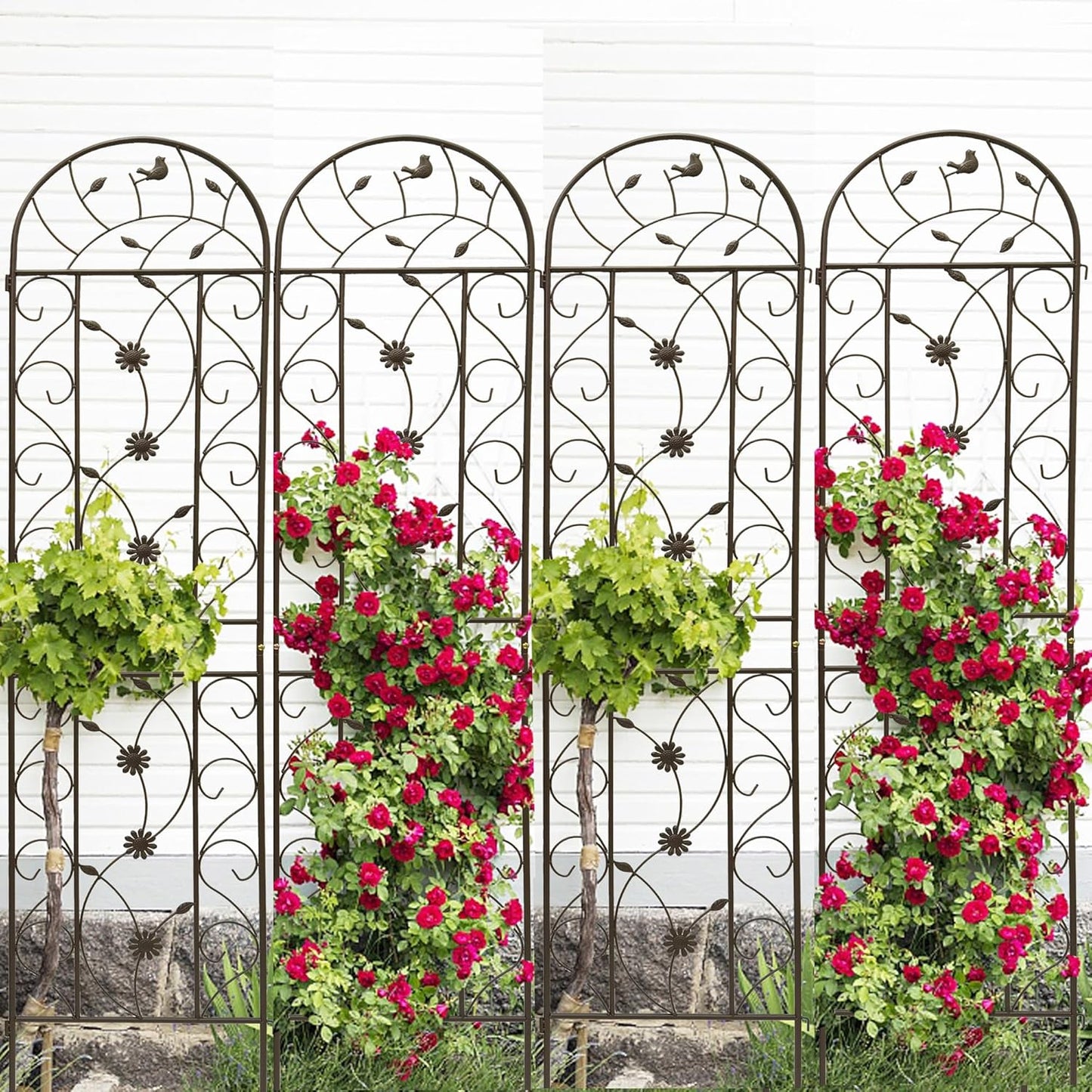 4 Pack Metal Garden Trellis 86.7" Tall Outdoor Climbing Plant Support for Roses, Flowers, Rustproof Durable Brown Galvanized Tube, Lawn Garden Fence Decor Screen (4, Retro-86.7" H)-VerdiqueGarden
