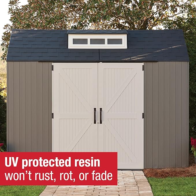 Rubbermaid Extra Large Resin Outdoor Storage Shed With Floor (7 x 10.5 Ft.) Weather Resistant Brown Organization for Home/Lawn Mower/Backyard Equipment/Bike Storage/Pool Supplies-VerdiqueGarden
