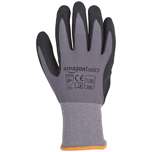 Amazon Basics Micro-Foam Nitrile Coated Work Gloves, Nylon Liner Fiber, Touch Screen, Grey, 11/XXL, 12-Pair-VerdiqueGarden