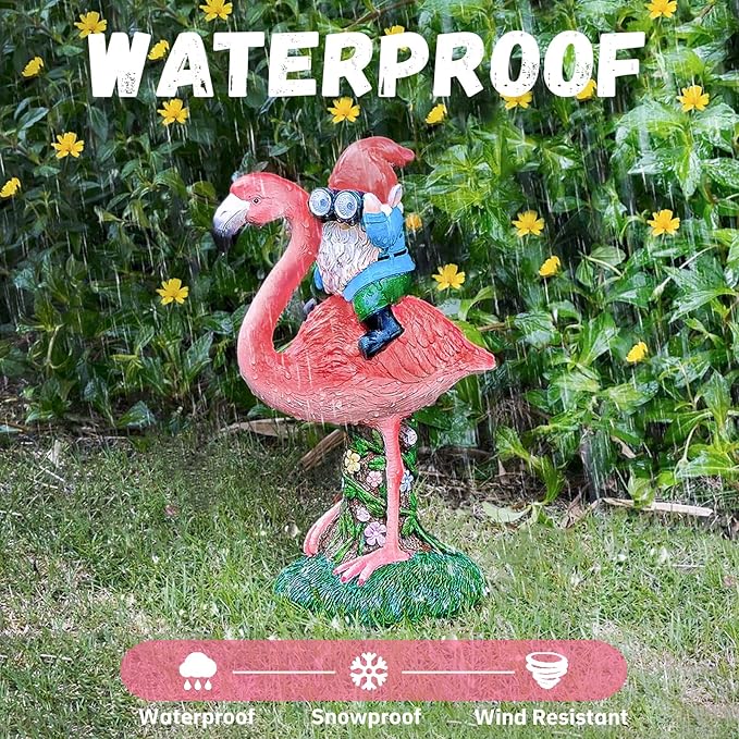 Solar Flamingo Gnome Garden Decor Statue, Outdoor Funny Solar Light Decoration for Yard, Patio, Lawn, Unique Housewarming, Birthday Gift for Women, Mom, Grandma-VerdiqueGarden