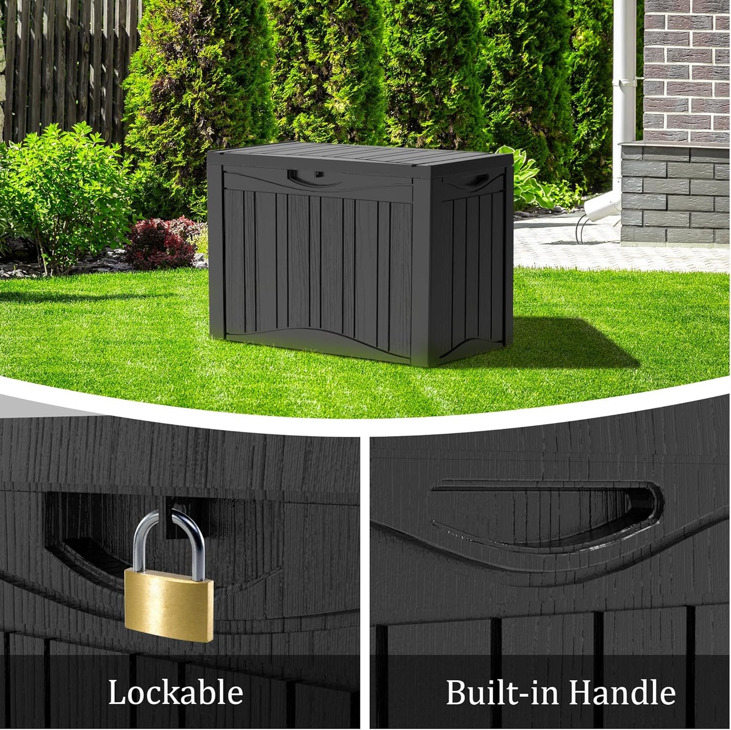 50 Gallon Plus Resin Deck Box, Waterproof Outdoor Storage Bin for Patio, Poolside, and Garden, Lockable & UV-Resistant, Ideal for Small Spaces, Black-VerdiqueGarden