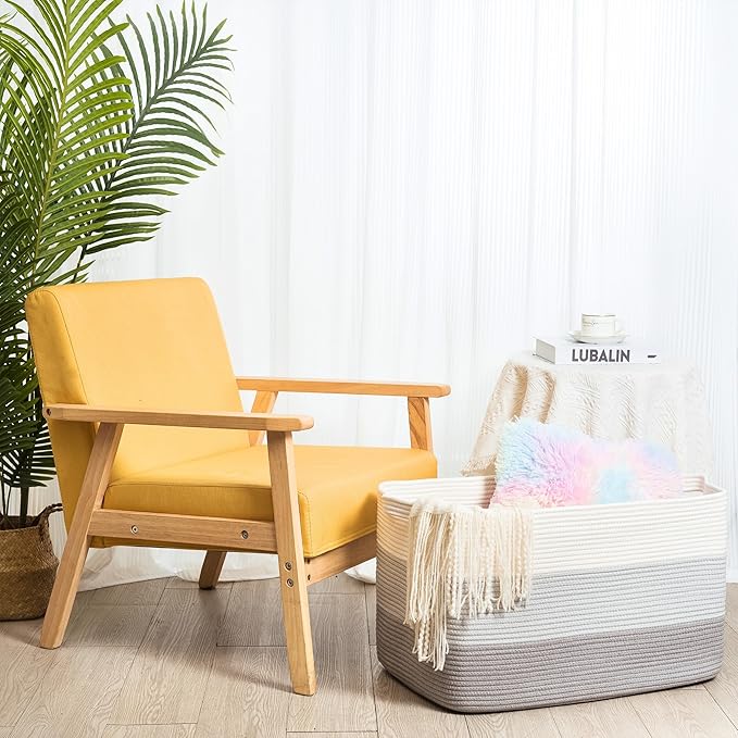 MINTWOOD Design 22in Extra Large Blanket Basket Holder Living Room, Rectangle Rope Woven Storage Basket with Handles for Laundry, Pool Towels, and Shoes, Dog Toy Organizer Bin Box, 3-Tone Light Gray-VerdiqueGarden