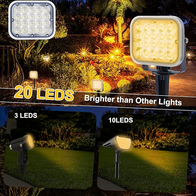 Solar Spot Lights Outdoor, 20 LED IP65 Waterproof Solar Landscape Lights, Dusk-to-Dawn 3000K Warm White Outdoor Light for Yard Garden Driveway Porch Walkway, 4-in-1-VerdiqueGarden