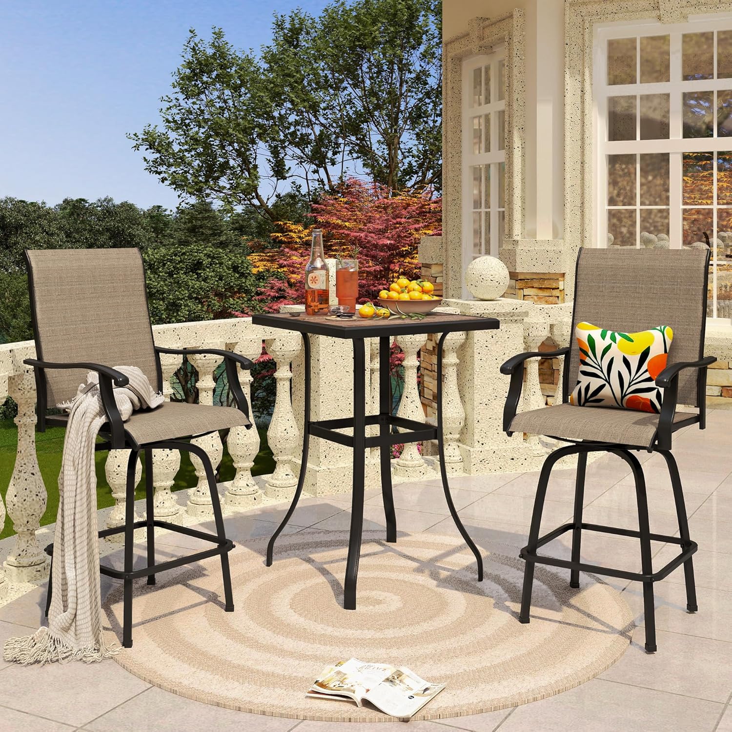 PHI VILLA 3 PCS Patio Swivel Bar Sets Textilene High Bistro Sets with 2 Outdoor Bar Stools and 1 Square Bar Table, Brown-VerdiqueGarden