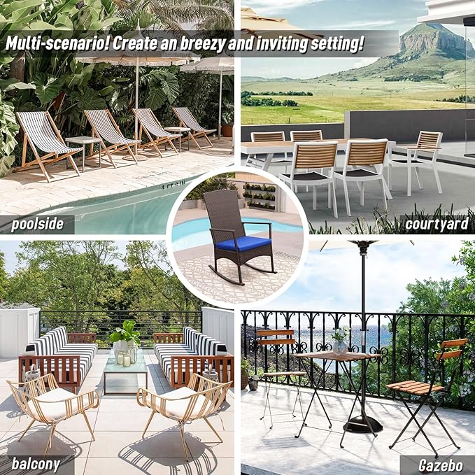 Rocking Chair Outdoor 3 Pieces High-Backed Patio Rocking Chairs Bistro Table and Chairs Set of 2, Royal Blue-VerdiqueGarden