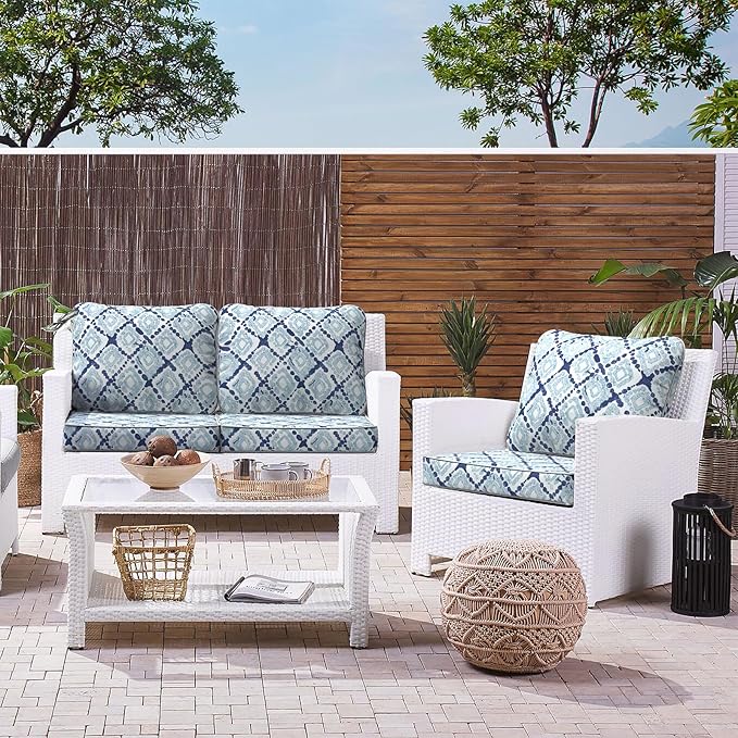LVTXIII Outdoor Deep Seat Cushion Patio Seat and Back Cushion Set Seasonal Chair Cushion with Removable Cover and Adjustable Buckle for Home and Garden, 24"x24"x4", Boho Geometry Blue-VerdiqueGarden