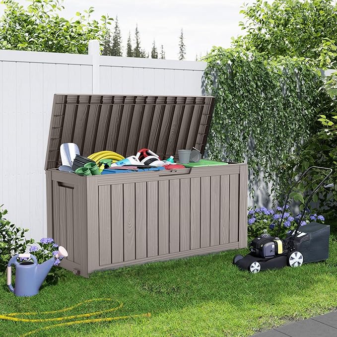 75 Gallon Resin Deck Box, Lockable Patio Outdoor Storage Box for Furniture, Garden Tools and Tools Storage, Waterproof Outside Storage Boxes - Grey-VerdiqueGarden