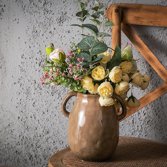Kimdio Brown Ceramic Vase with 2 Handles, Modern Farmhouse Vase for Home Decor, Vintage Rustic Pottery Vase, Decorative Terracotta Vase, Clay Jug for Living Room Dining Table Shelf-VerdiqueGarden